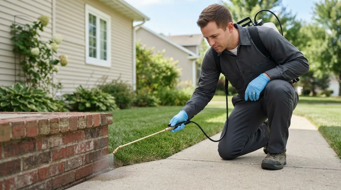 Pest control technician treating a home near Penokee, KS