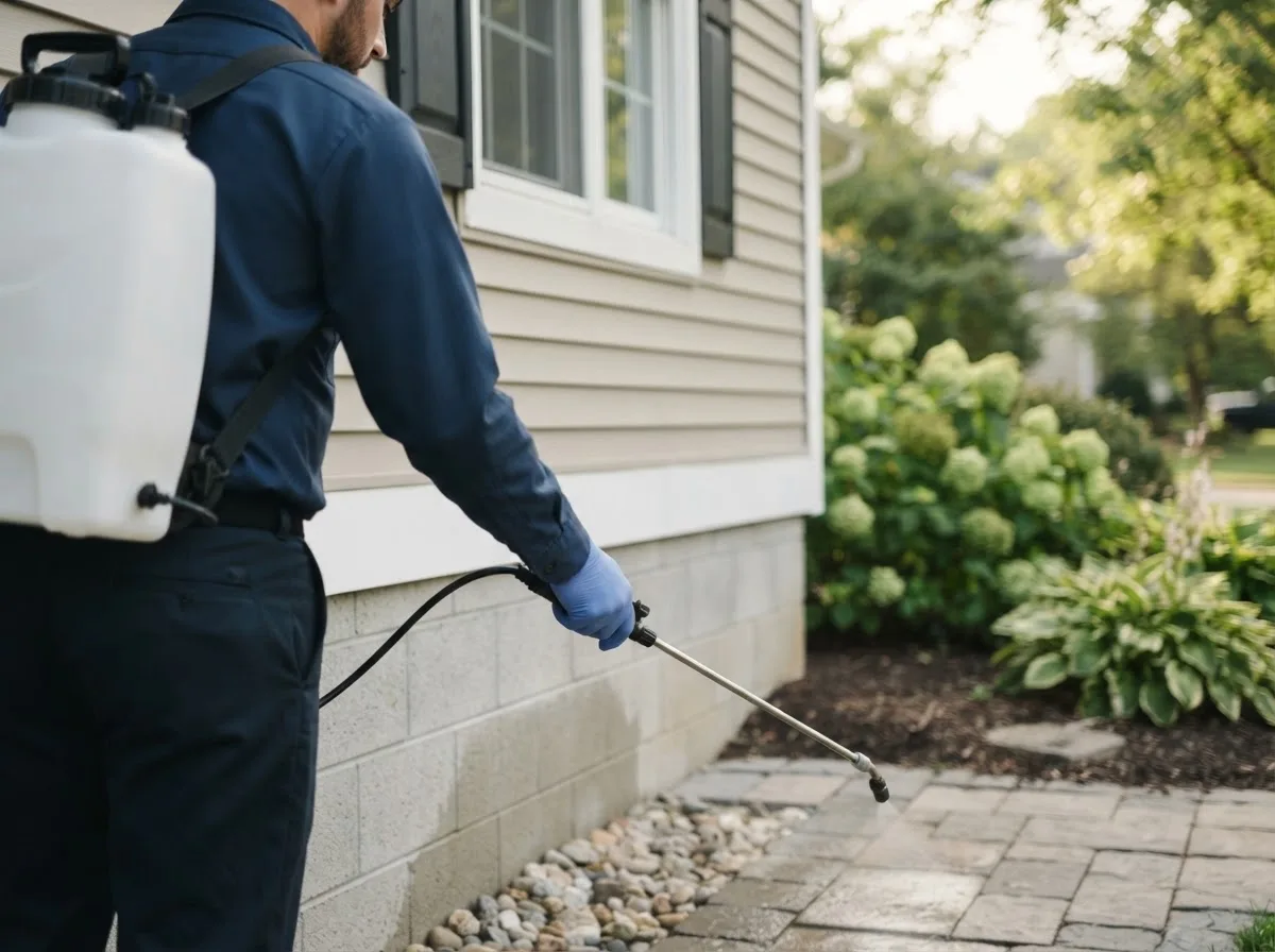 Pest control technician inspecting a home in Penokee, KS